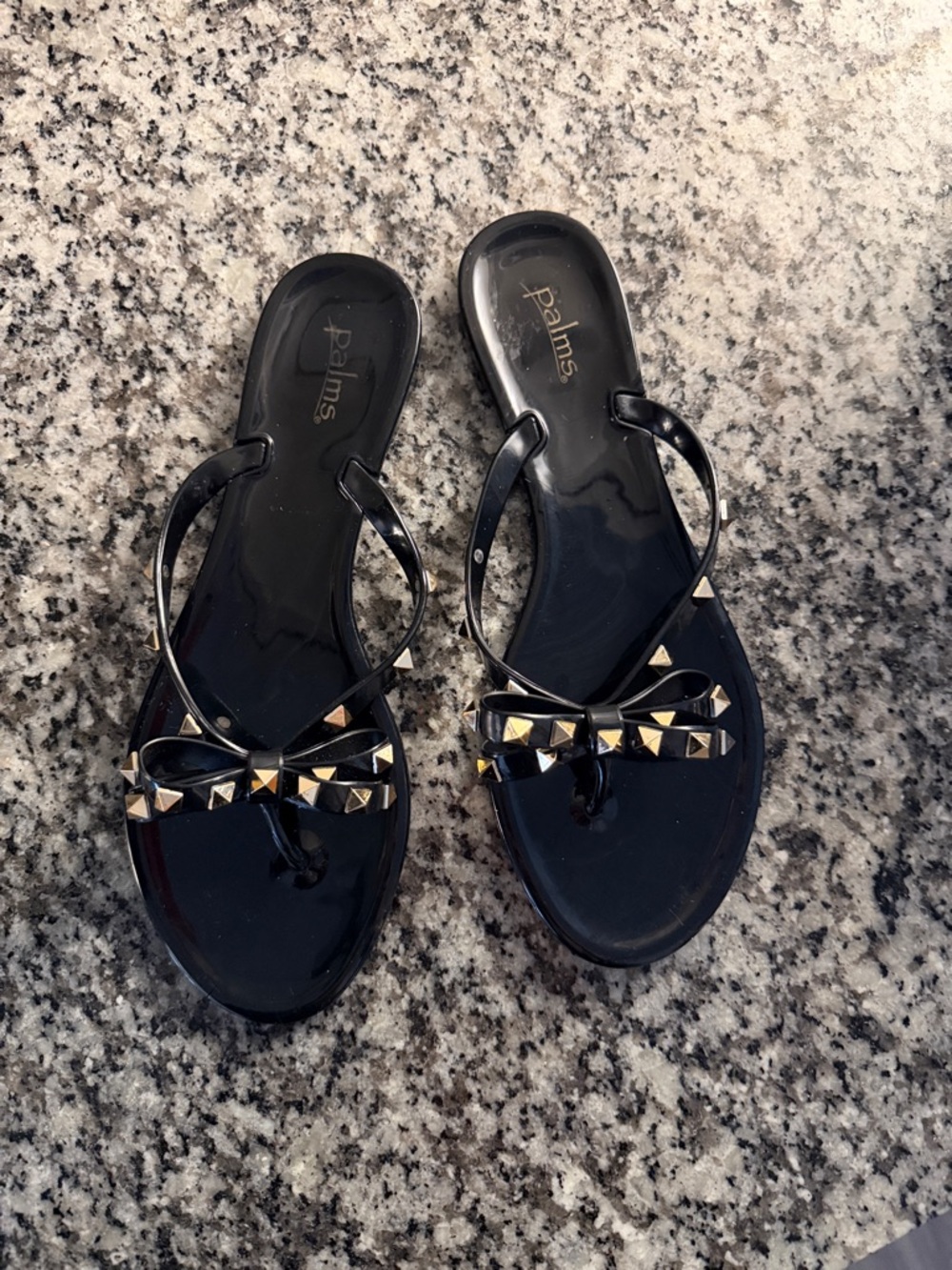 Palms Black Jelly Bow Sandals with Gold Stud Accents